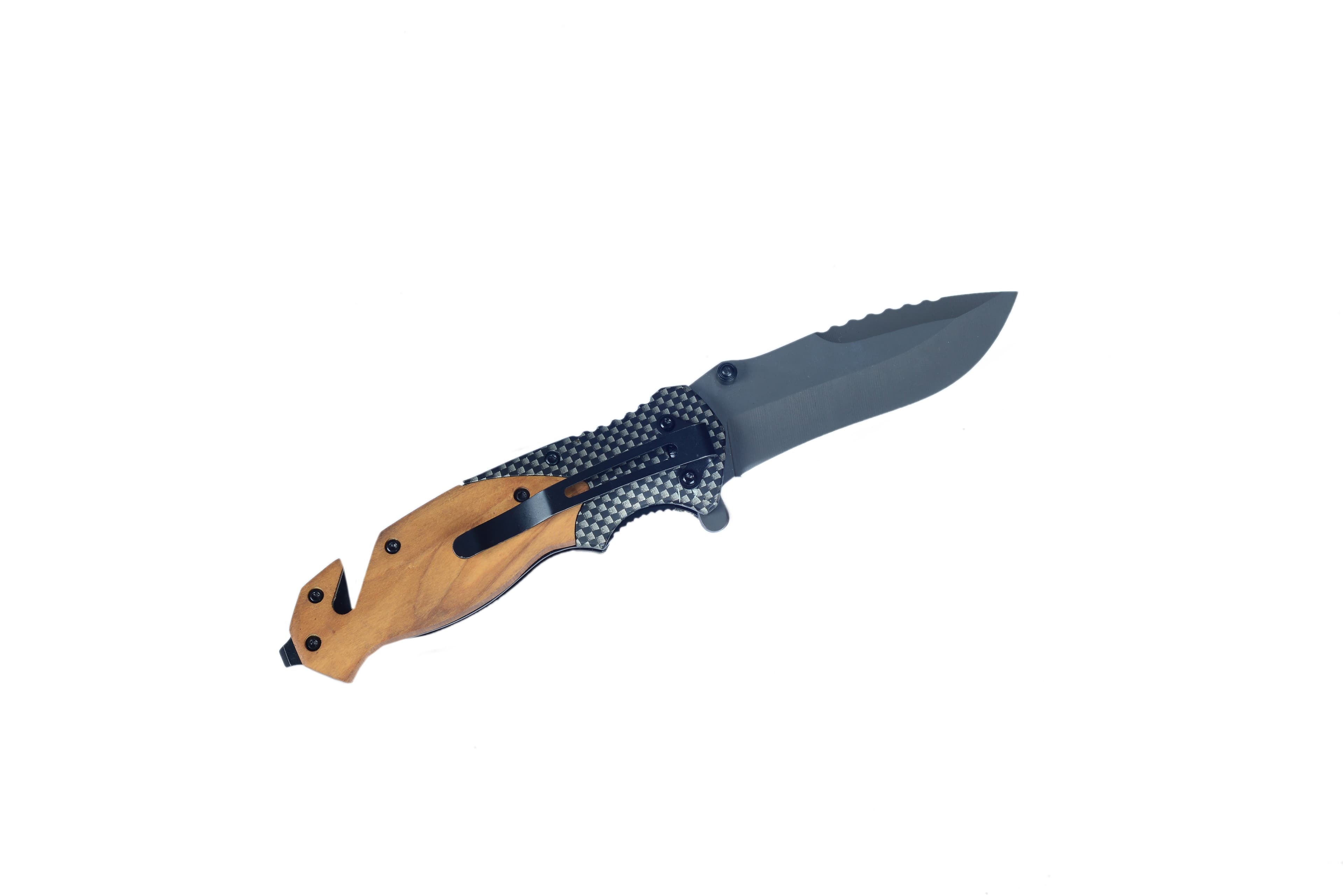 Military Tactical Folding Pocket Knife – Wood Handle Gray Blade