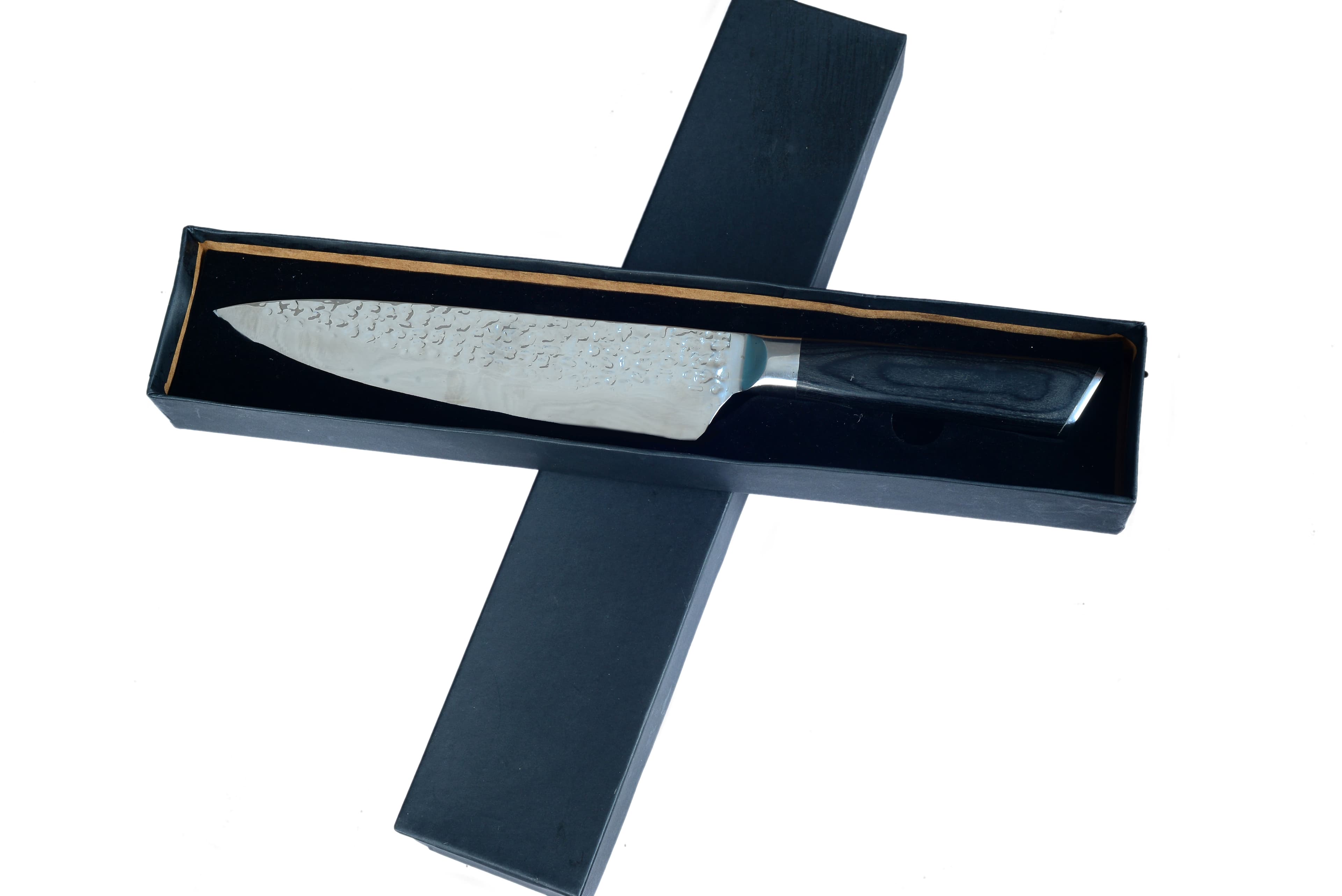 Hammered Santoku Kitchen Knife with Ergonomic Dark Handle