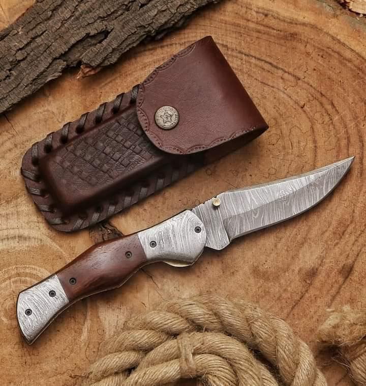 Damascus Steel Folding Knife with Wooden Handle & Leather Sheath