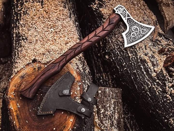 Hand Forged Viking Axe with Twisted Carved Handle – Norse Thor Engraved Steel Axe with Leather Sheath, Camping & Bushcraft Axe
